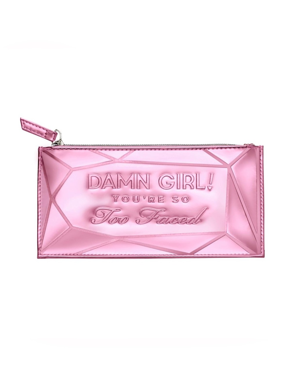 NWT Too Faced “Damn Girl” Cosmetic Makeup Bag in Metallic Pink